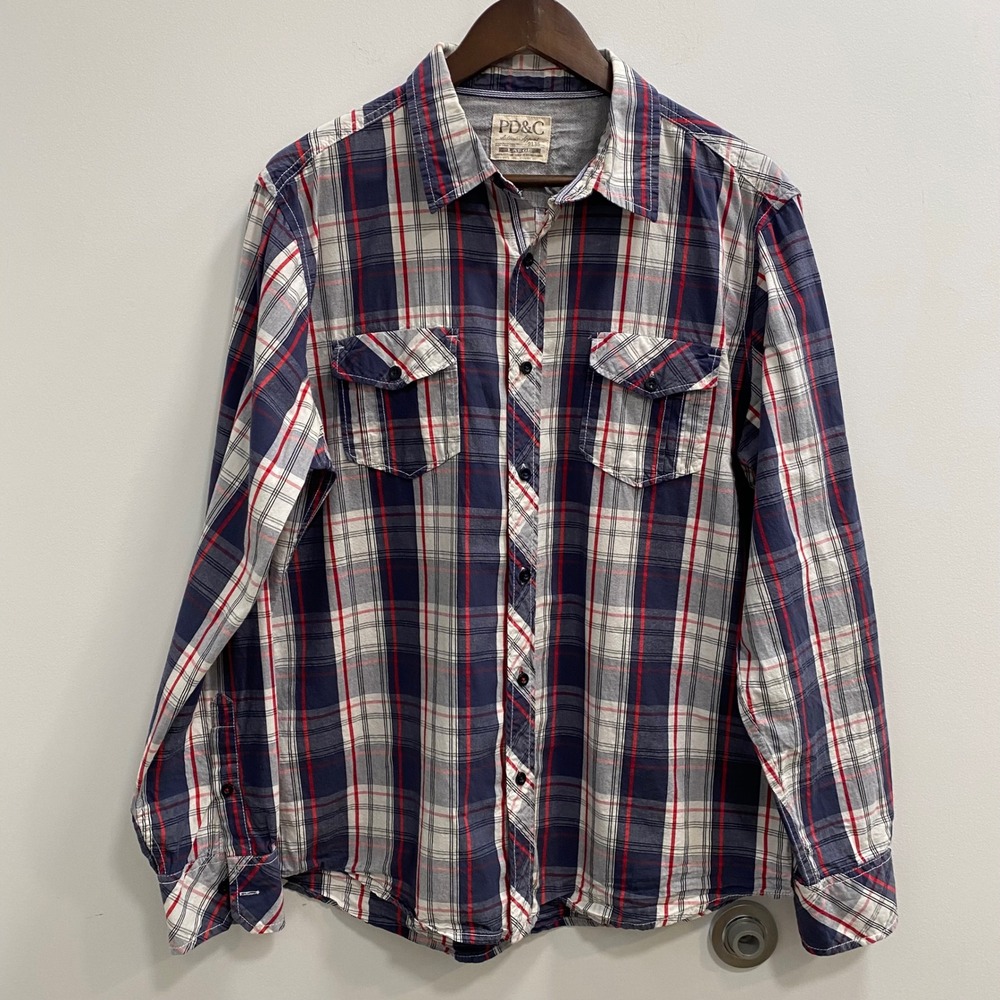 PD&C Plaid Button Down Shirt Men Large Blue Red White Long Sleeve 100% Cotton